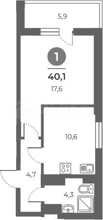1-к. квартира, 40,1 м², 9/17 эт.