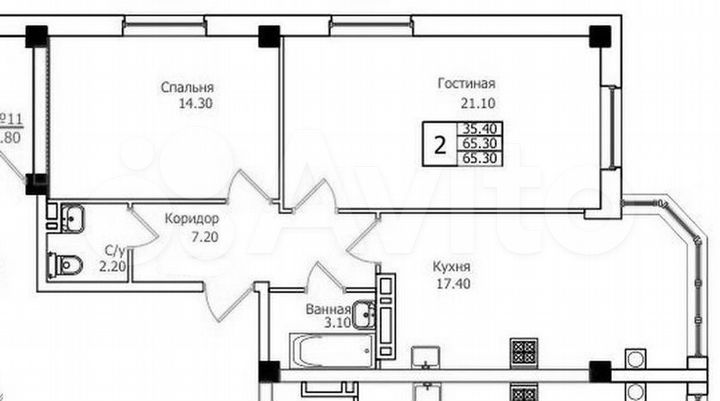 2-к. квартира, 65,3 м², 2/9 эт.