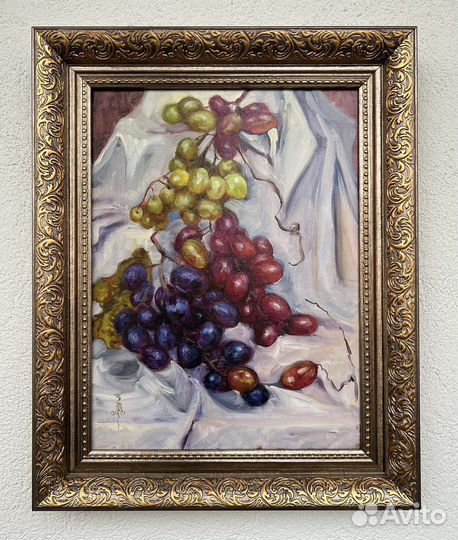 Картина маслом натюрморт виноград, яблоки, айва