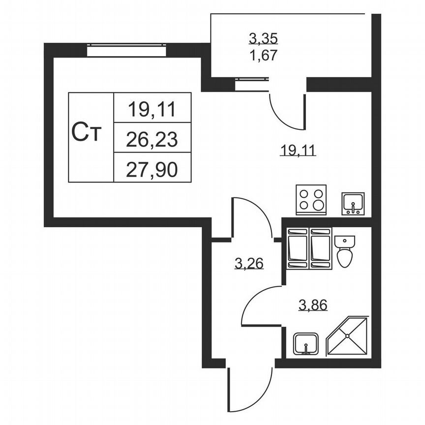 Квартира-студия, 27,9 м², 16/19 эт.