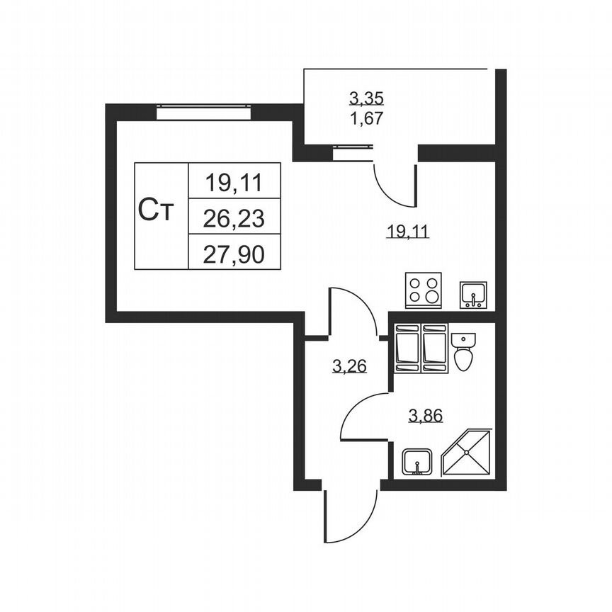 Квартира-студия, 27,9 м², 16/19 эт.