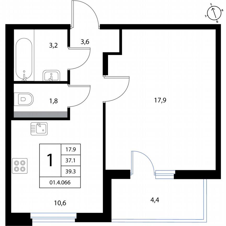 1-к. квартира, 39,3 м², 3/3 эт.