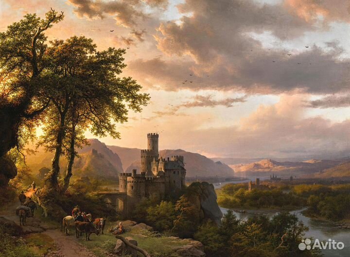 Картина 19 в. на холсте -Холмистый пейзаж с замком