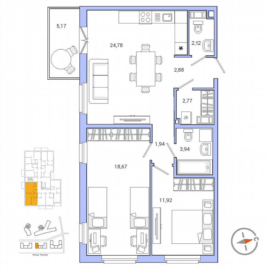 2-к. квартира, 70,7 м², 8/9 эт.