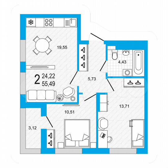 2-к. квартира, 55,5 м², 5/22 эт.