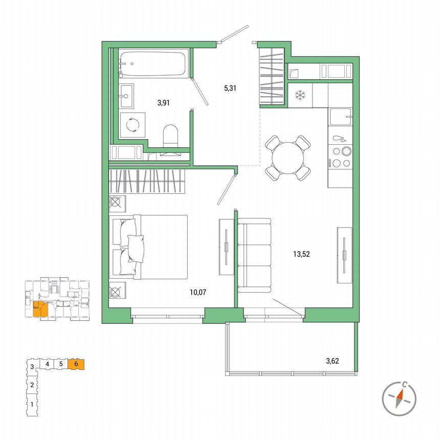 1-к. квартира, 33,9 м², 6/7 эт.
