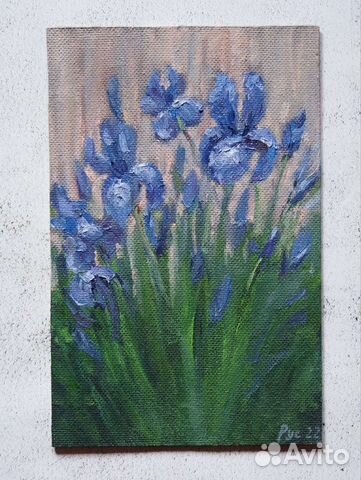 Картина маслом синие цветы Ирисы в саду