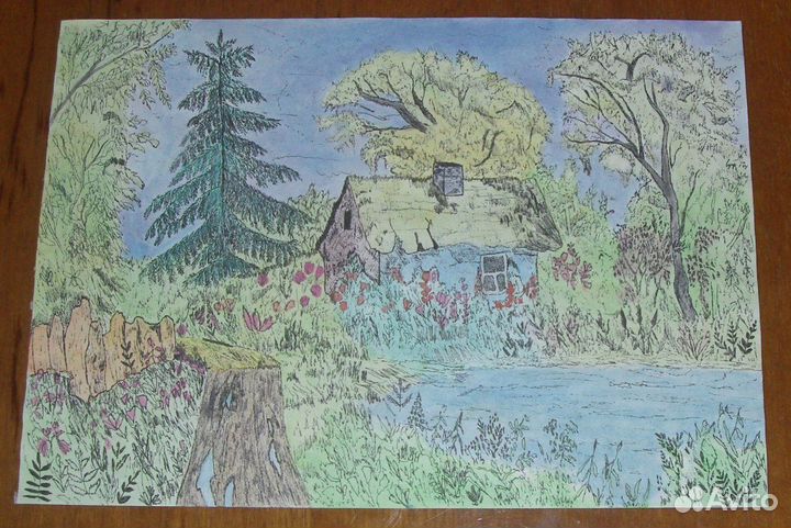 Рисунок пейзаж Дом в лесу подарок картина сувенир
