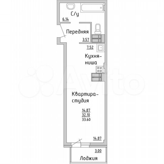 Квартира-студия, 33,6 м², 15/16 эт.