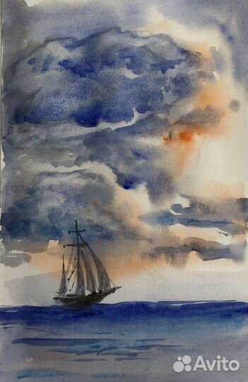 Акварель море парусник