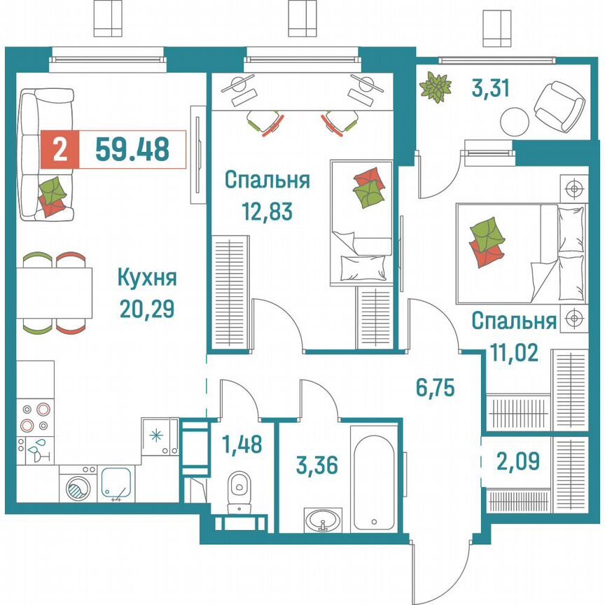 2-к. квартира, 59,5 м², 15/18 эт.
