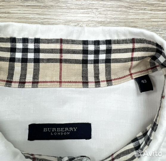 Белая мужская рубашка со льном Burberry 43 ворот