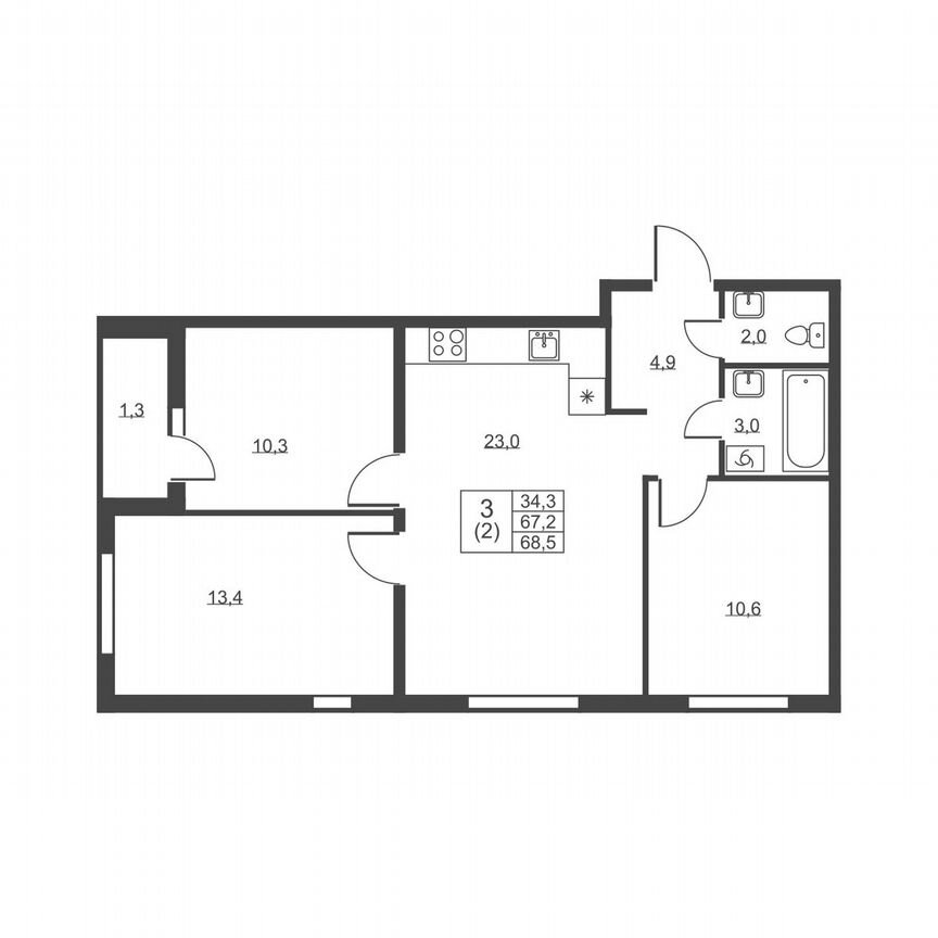 3-к. квартира, 68,5 м², 1/8 эт.