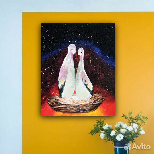 Картина маслом в интерьер, холст, птицы подарок