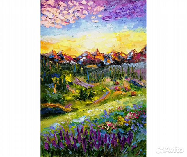 Пейзаж с горами Картина маслом Горная долина