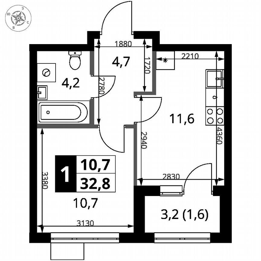 1-к. квартира, 32,8 м², 16/18 эт.