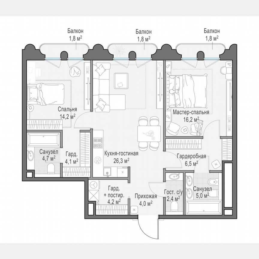 2-к. квартира, 89,3 м², 8/13 эт.
