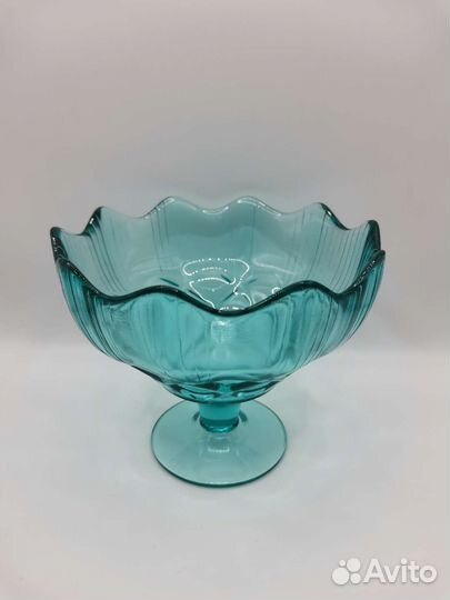 Ваза на ножке Конфетница Голубое стекло СССР
