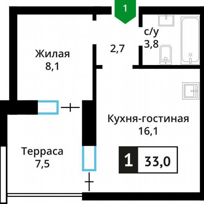 1-к. квартира, 33 м², 1/6 эт.