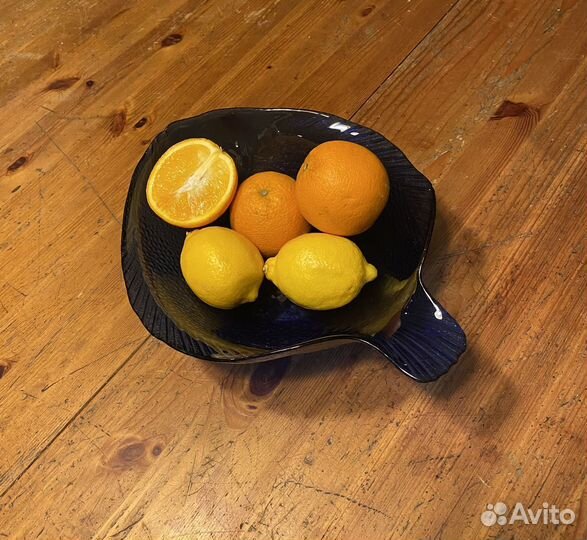 Блюдо салатник фруктовница синее стекло