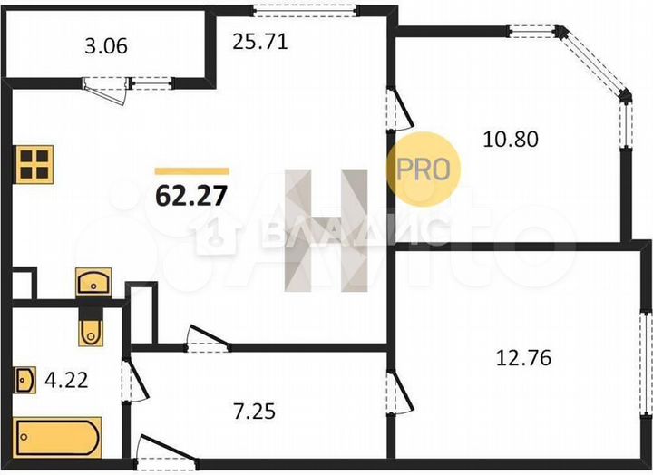 2-к. квартира, 62,3 м², 6/9 эт.