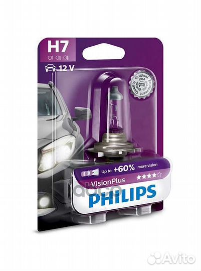 Лампа 12V H7 55W +60 philips VisionPlus 1 шт