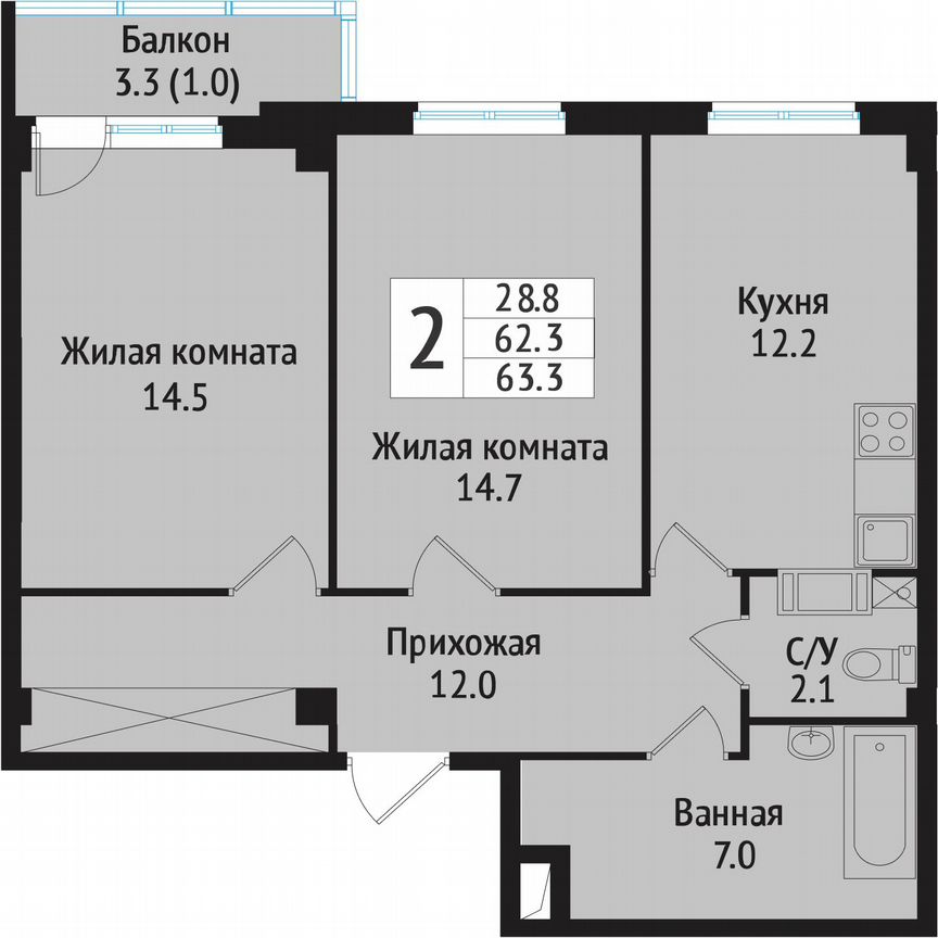 2-к. квартира, 65,3 м², 1/10 эт.