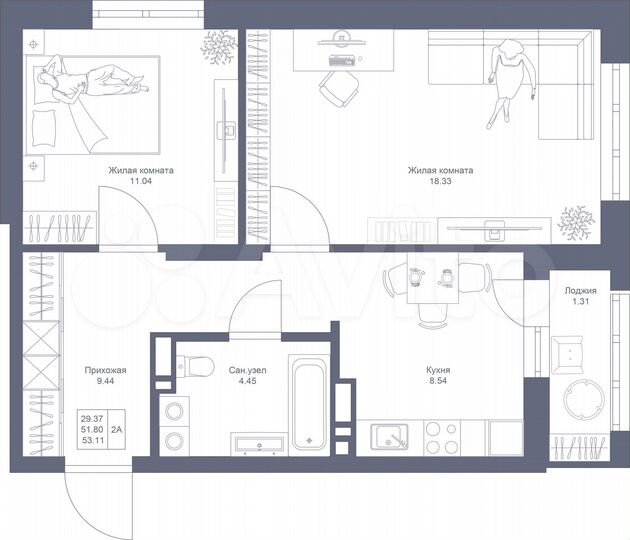 2-к. квартира, 53,1 м², 8/22 эт.