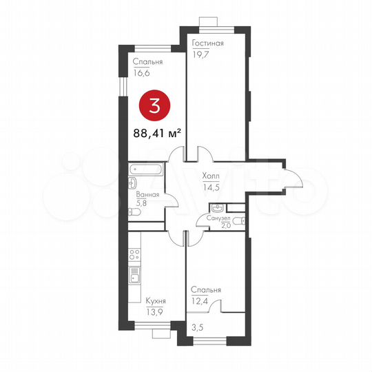 3-к. квартира, 88,4 м², 1/19 эт.