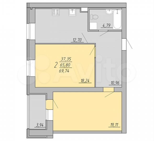 2-к. квартира, 69,7 м², 1/9 эт.