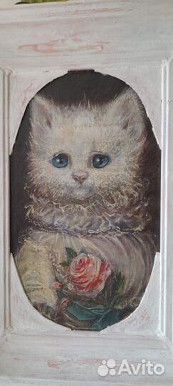 Картина маслом белая кошка винтажная подарочная