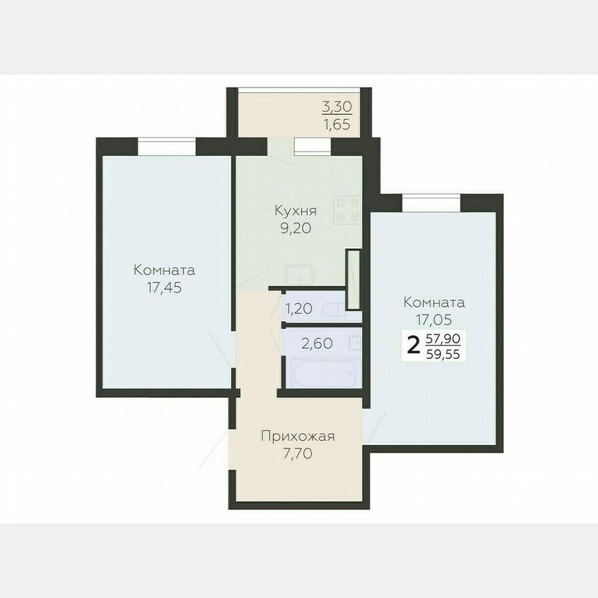 2-к. квартира, 59,6 м², 3/15 эт.