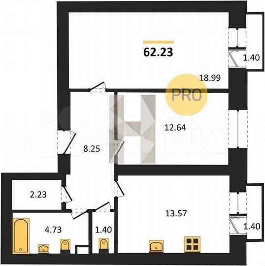 2-к. квартира, 62,2 м², 2/10 эт.