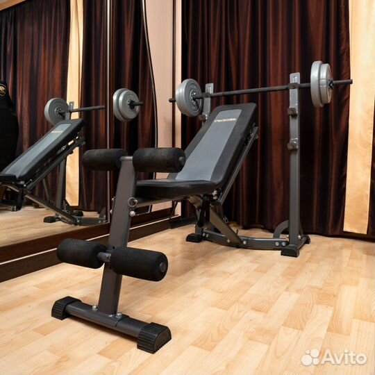 Скамья для жима, гантели, штанга, блины Torneo