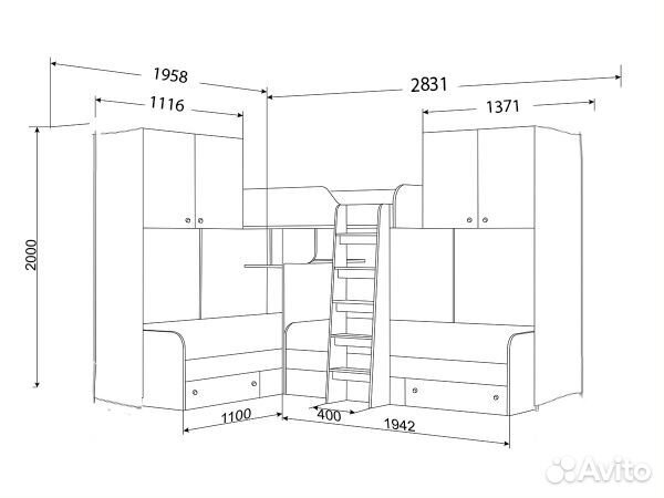 Кровать Трио с антресолями Дуб Молочный/Железный к