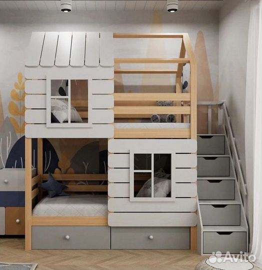 Детская двухъярусная кровать с лестницей