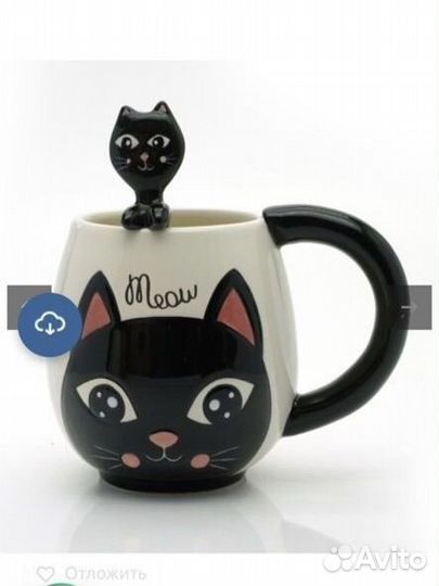 Кружка с ложкой киска керамика