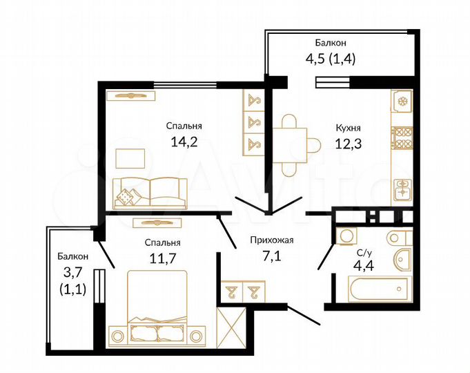 2-к. квартира, 52,2 м², 6/16 эт.