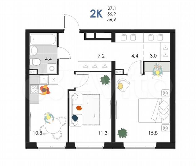 2-к. квартира, 56,9 м², 1/6 эт.