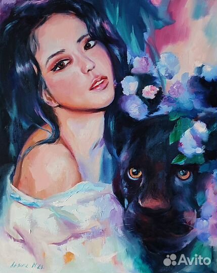 Картина маслом на холсте Девушка и пантера
