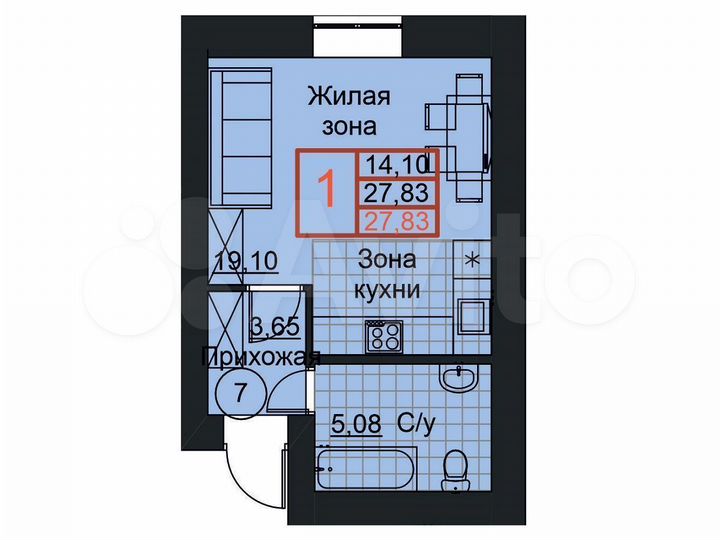 Квартира-студия, 27,8 м², 1/18 эт.