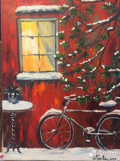 Картина маслом Зимний пейзаж с велосипедом