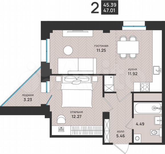 2-к. квартира, 47 м², 2/13 эт.