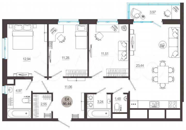 3-к. квартира, 86,4 м², 7/18 эт.