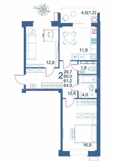 2-к. квартира, 64 м², 2/9 эт.