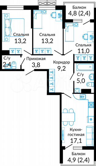 3-к. квартира, 81,8 м², 15/23 эт.