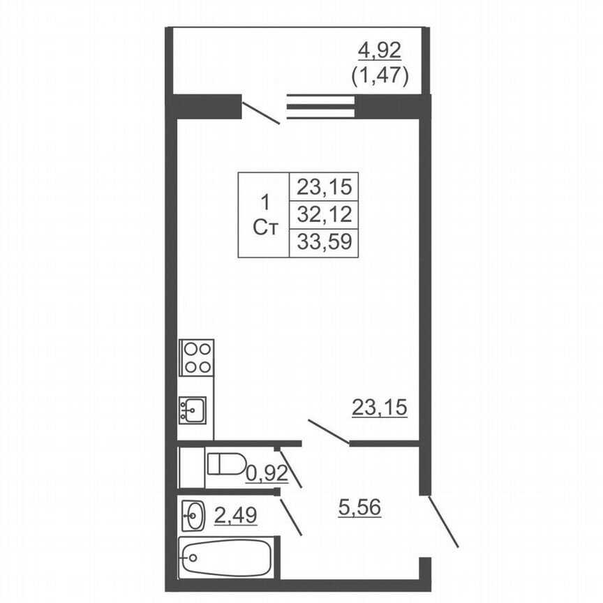 Квартира-студия, 33,6 м², 7/16 эт.