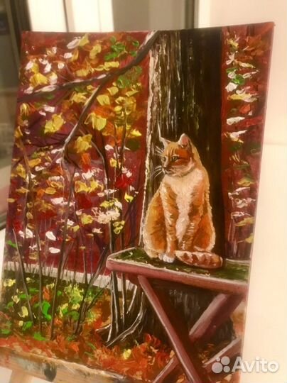 Картина маслом 24Х18 см котик осень