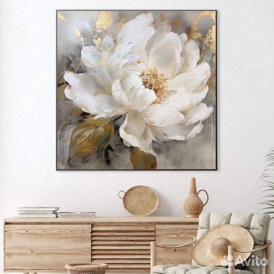 Картина маслом цветы Нежный белый пион