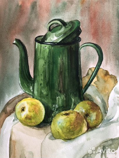 Картина, натюрморт с яблоками,акварель